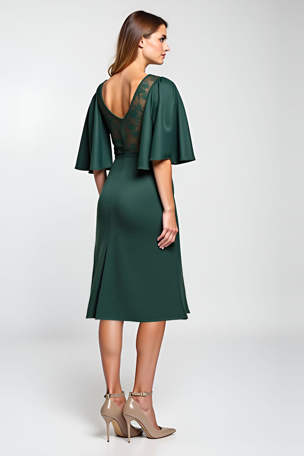 Pine Lace Knee Length Mother of the Bride Dress with Half Sleeves