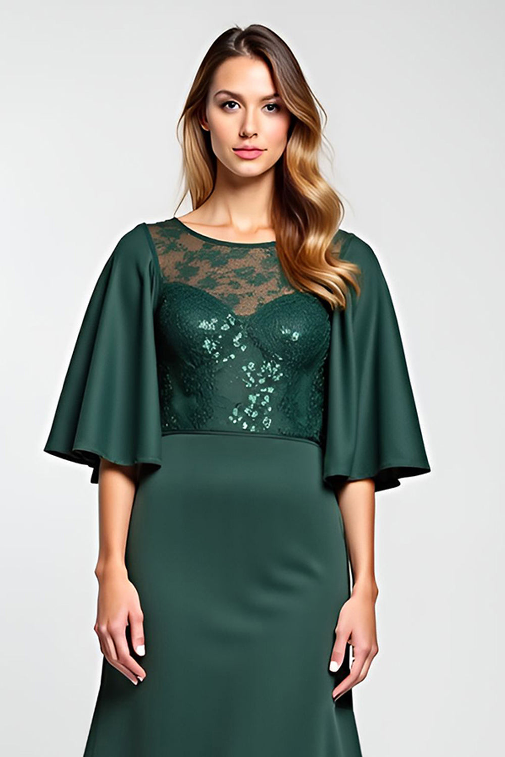 Pine Lace Knee Length Mother of the Bride Dress with Half Sleeves