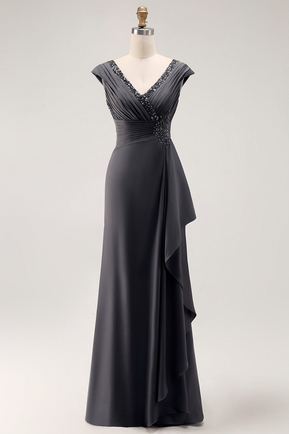 Steel Grey Mermaid Chiffon Long Mother of the Bride Dress with Ruffles