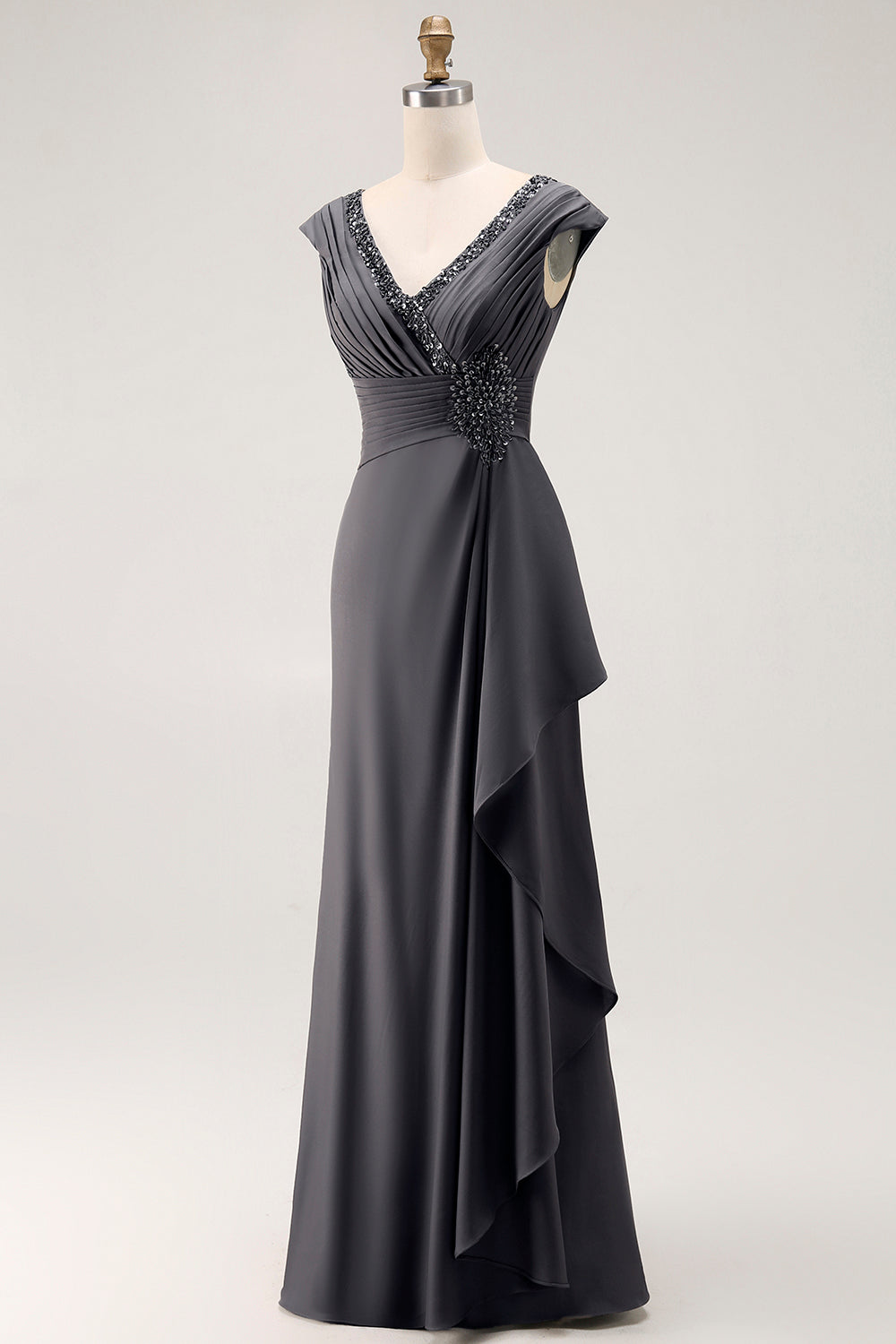 Steel Grey Mermaid Chiffon Long Mother of the Bride Dress with Ruffles