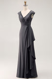 Steel Grey Mermaid Chiffon Long Mother of the Bride Dress with Ruffles