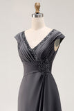 Steel Grey Mermaid Chiffon Long Mother of the Bride Dress with Ruffles