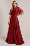 Glitter Burgundy A Line Bridesmaid Dress with Short Sleeves