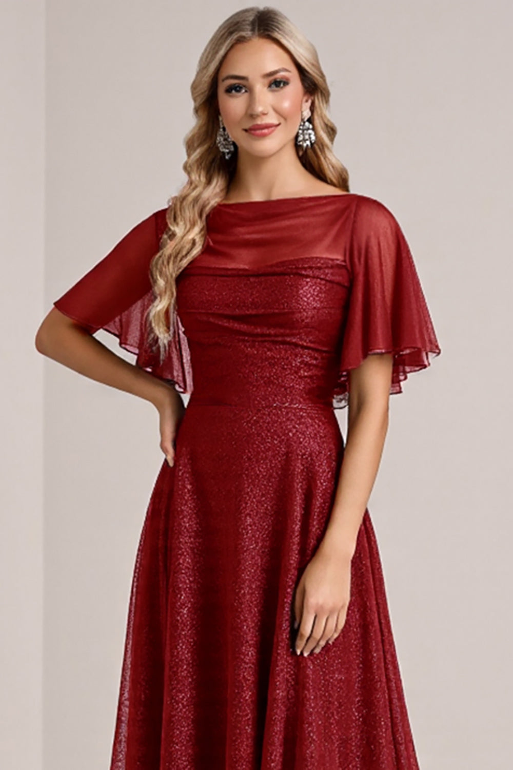 Glitter Burgundy A Line Bridesmaid Dress with Short Sleeves