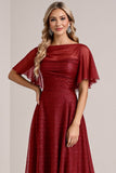 Glitter Burgundy A Line Bridesmaid Dress with Short Sleeves