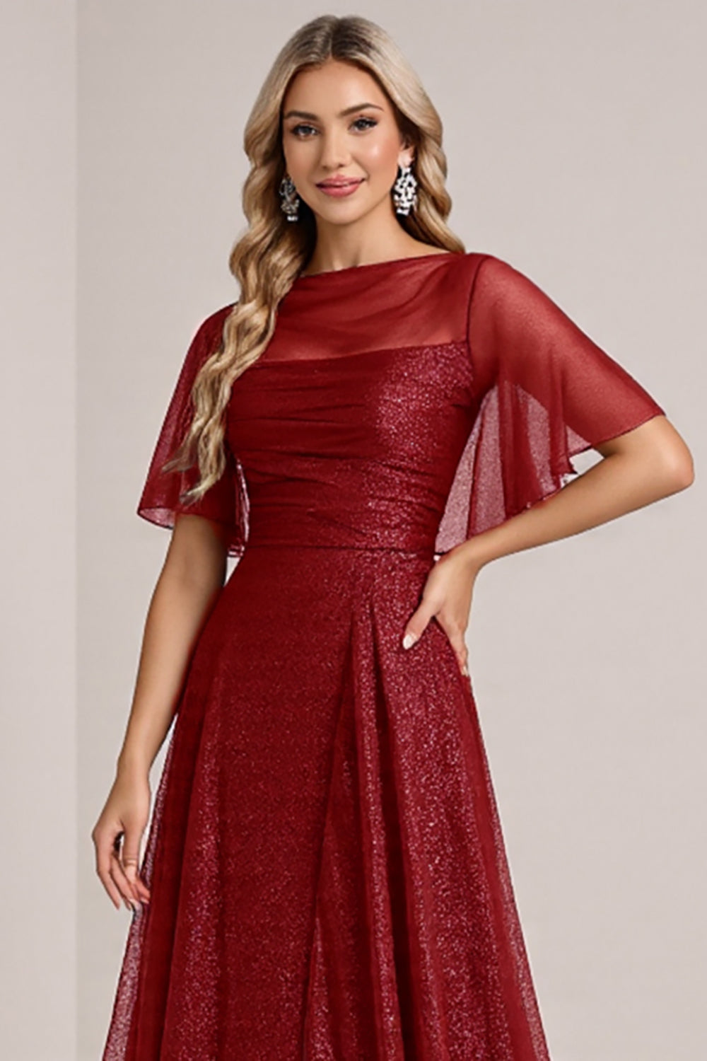 Glitter Burgundy A Line Bridesmaid Dress with Short Sleeves