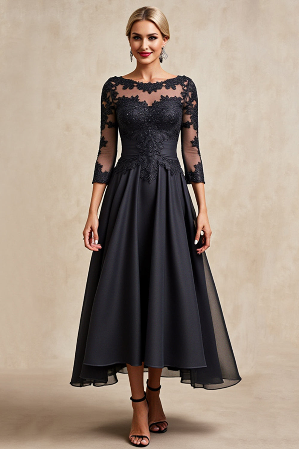 Black A Line 3/4 Sleeve Tea Length Mother of the Bride Dress with Appliques