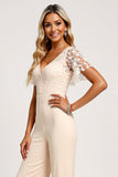 Apricot V-Neck Chiffon Lace Bridesmaid Jumpsuit