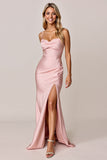 Blush Spaghetti Straps Sheath Satin Bridesmaid Dress with Slit