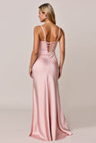Blush Spaghetti Straps Sheath Satin Bridesmaid Dress with Slit