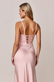 Blush Spaghetti Straps Sheath Satin Bridesmaid Dress with Slit
