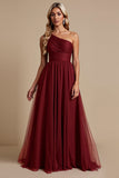 One Shoulder Tulle Red A Line Bridesmaid Dress