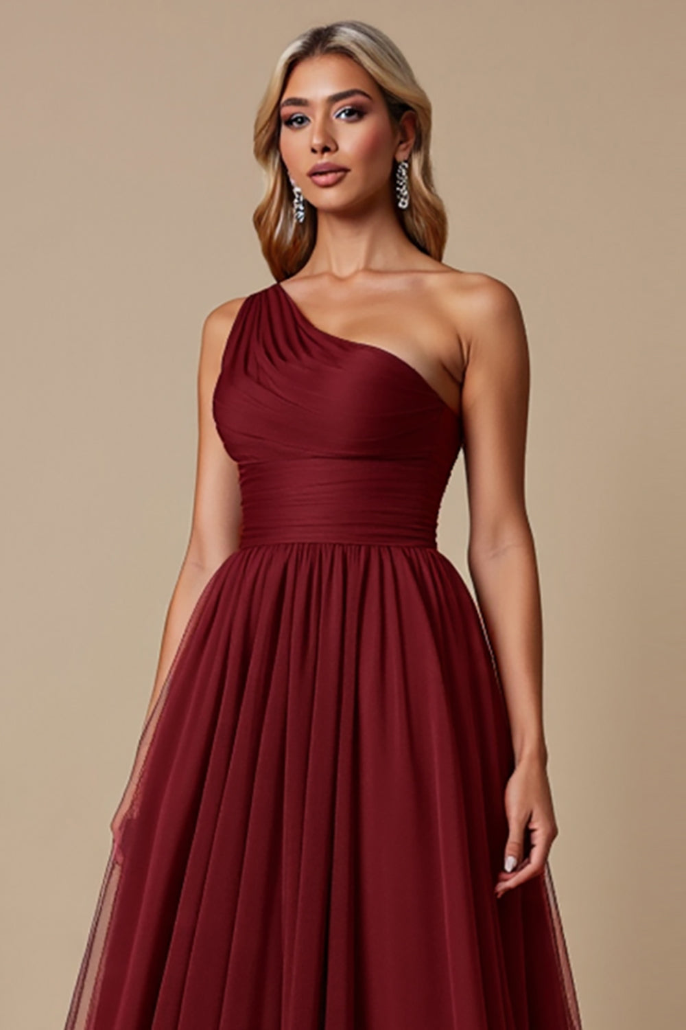 One Shoulder Tulle Red A Line Bridesmaid Dress