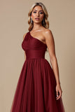 One Shoulder Tulle Red A Line Bridesmaid Dress