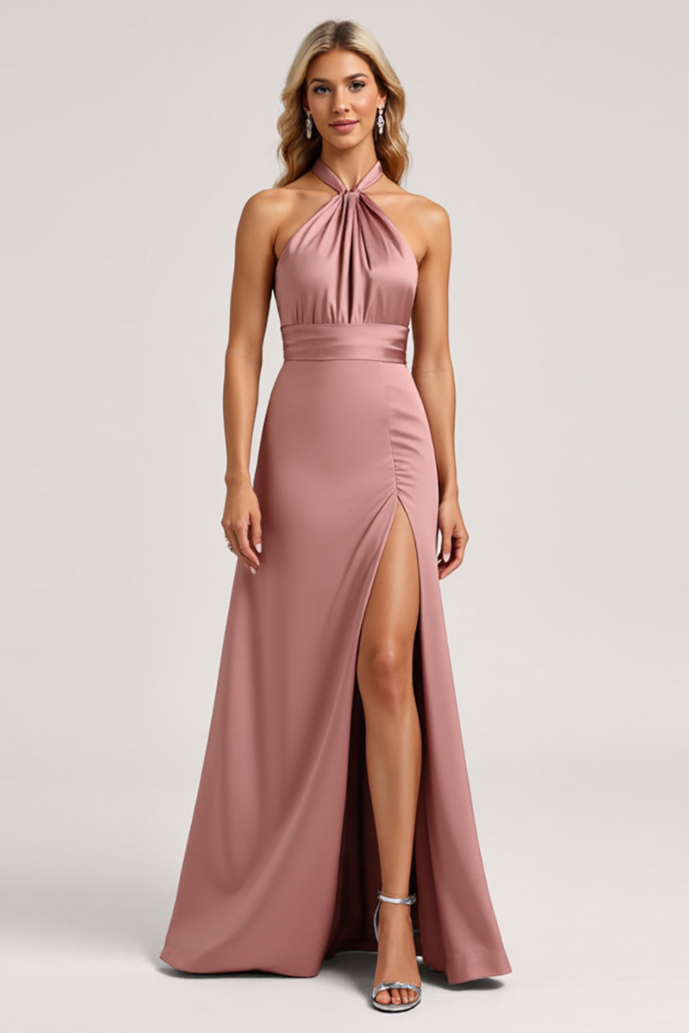 Halter Pink A Line Satin Bridesmaid Dress