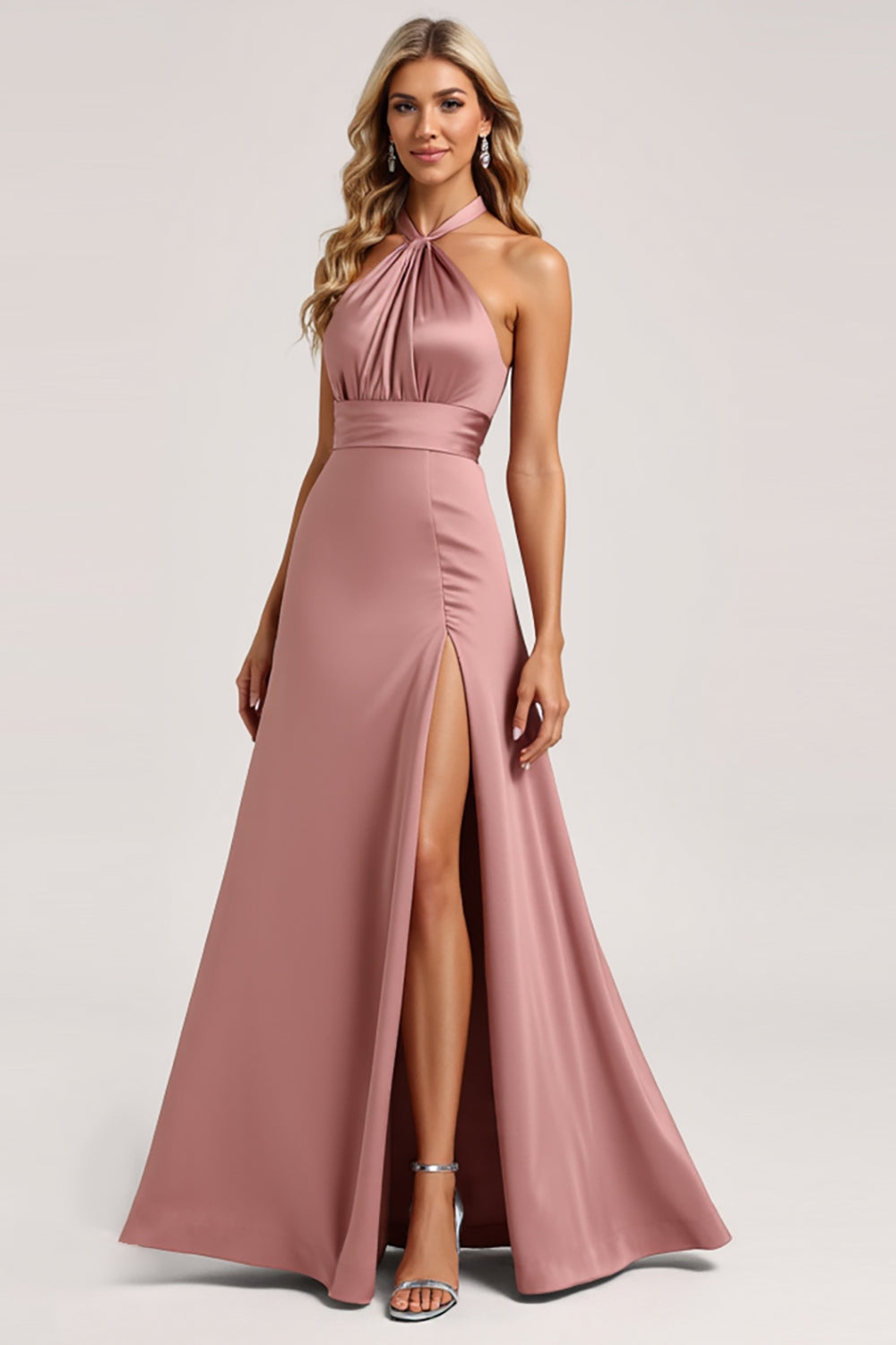 Halter Pink A Line Satin Bridesmaid Dress