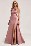 Halter Pink A Line Satin Bridesmaid Dress