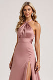 Halter Pink A Line Satin Bridesmaid Dress