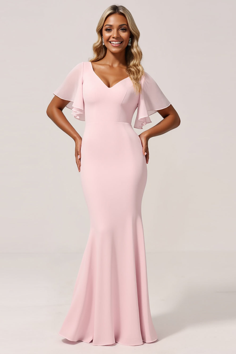 Mermaid Chiffon V-Neck Pink Bridesmaid Dress