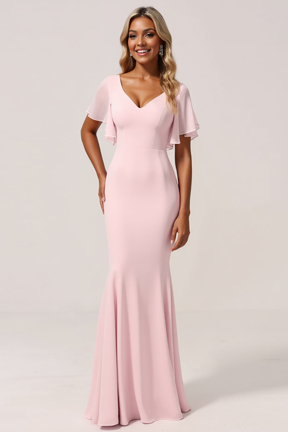 Mermaid Chiffon V-Neck Pink Bridesmaid Dress