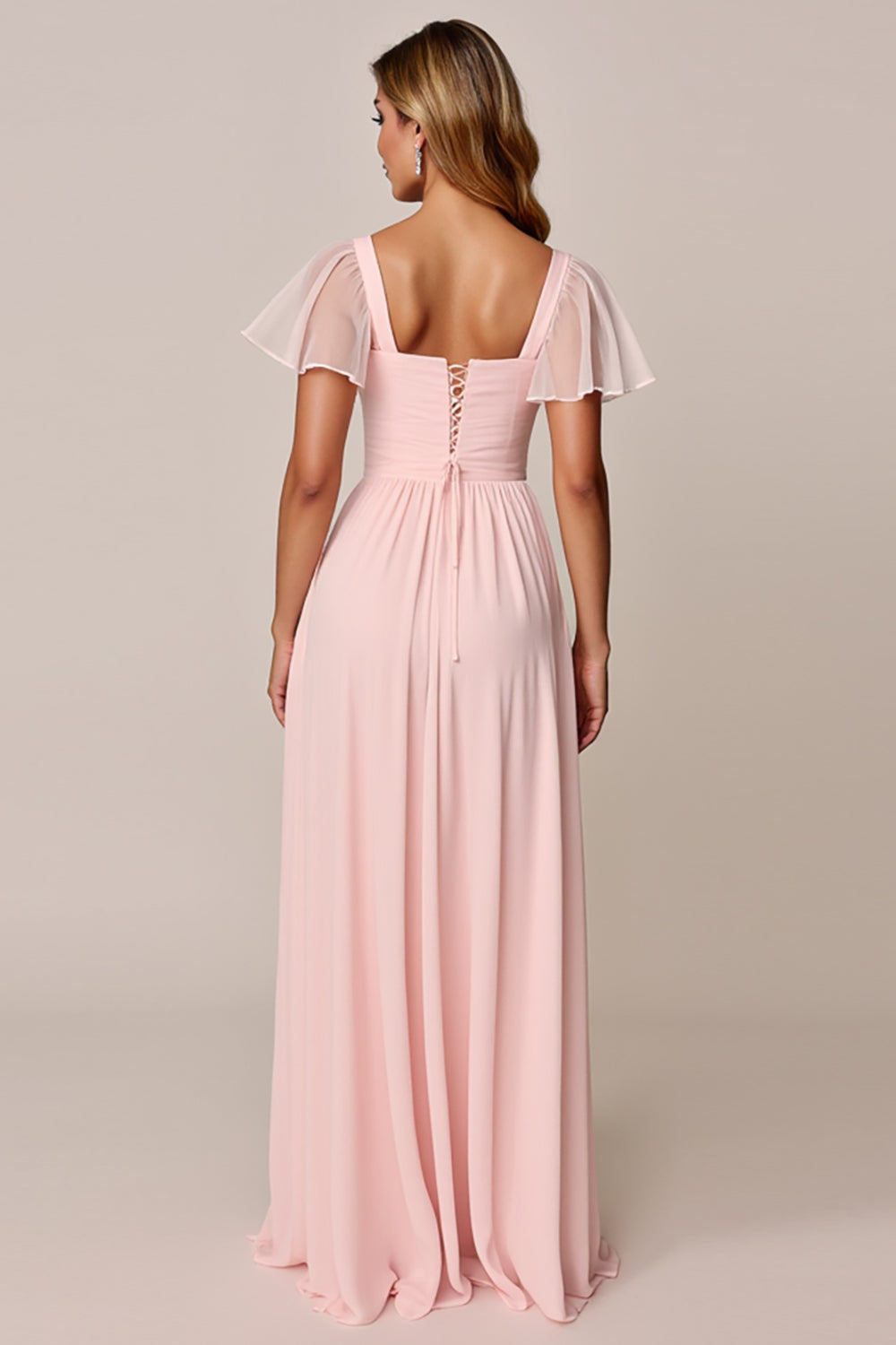 Candy Pink A Line Square Neck Chiffon Bridesmaid Dress