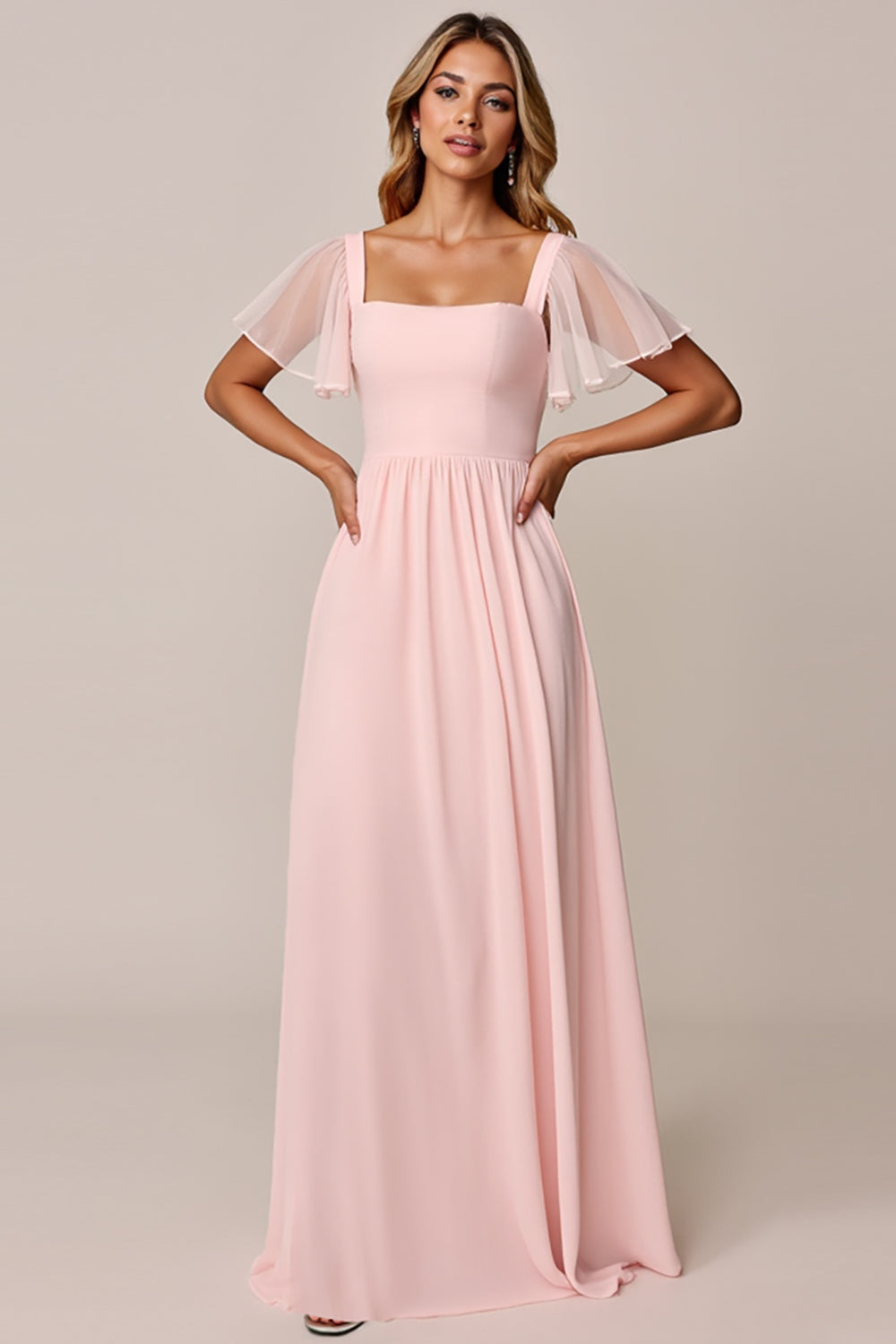 Candy Pink A Line Square Neck Chiffon Bridesmaid Dress