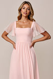 Candy Pink A Line Square Neck Chiffon Bridesmaid Dress