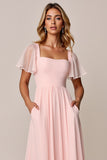 Candy Pink A Line Square Neck Chiffon Bridesmaid Dress