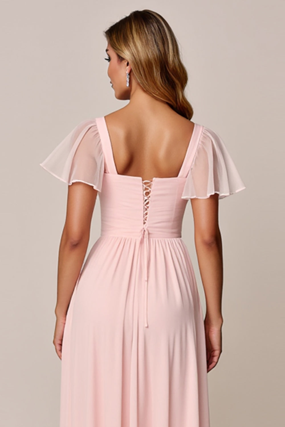 Candy Pink A Line Square Neck Chiffon Bridesmaid Dress