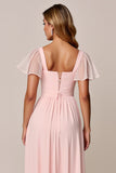 Candy Pink A Line Square Neck Chiffon Bridesmaid Dress
