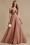 Sparkly Dusty Rose Spaghetti Straps A Line Bridesmaid Dress
