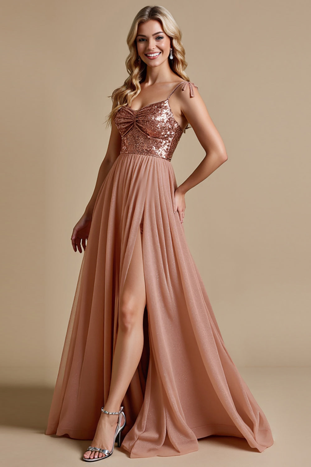 Sparkly Dusty Rose Spaghetti Straps A Line Bridesmaid Dress