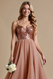 Sparkly Dusty Rose Spaghetti Straps A Line Bridesmaid Dress