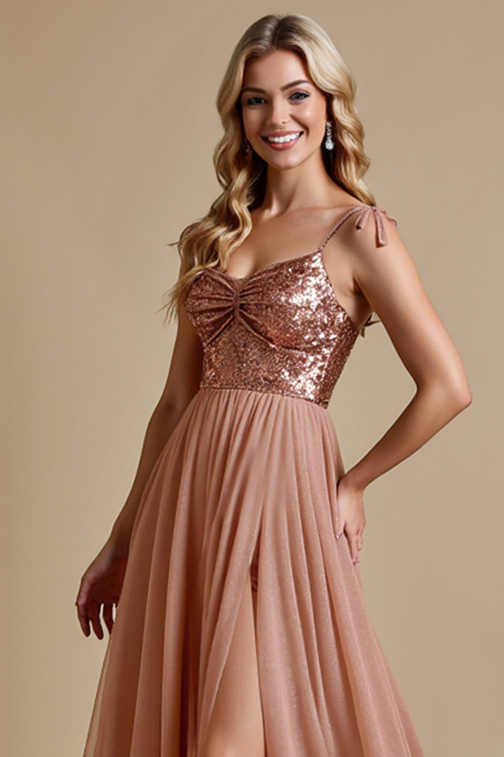 Sparkly Dusty Rose Spaghetti Straps A Line Bridesmaid Dress