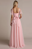 Candy Pink A Line Bridesmaid Dress with Short Sleeves