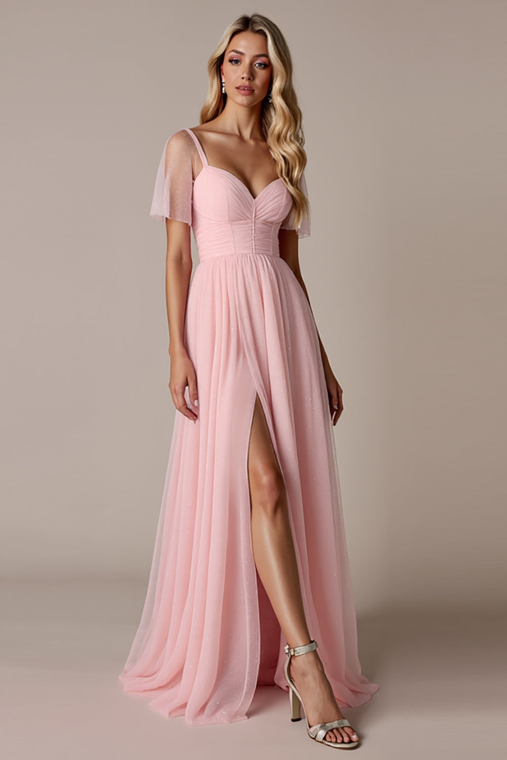 Candy Pink A Line Bridesmaid Dress with Short Sleeves