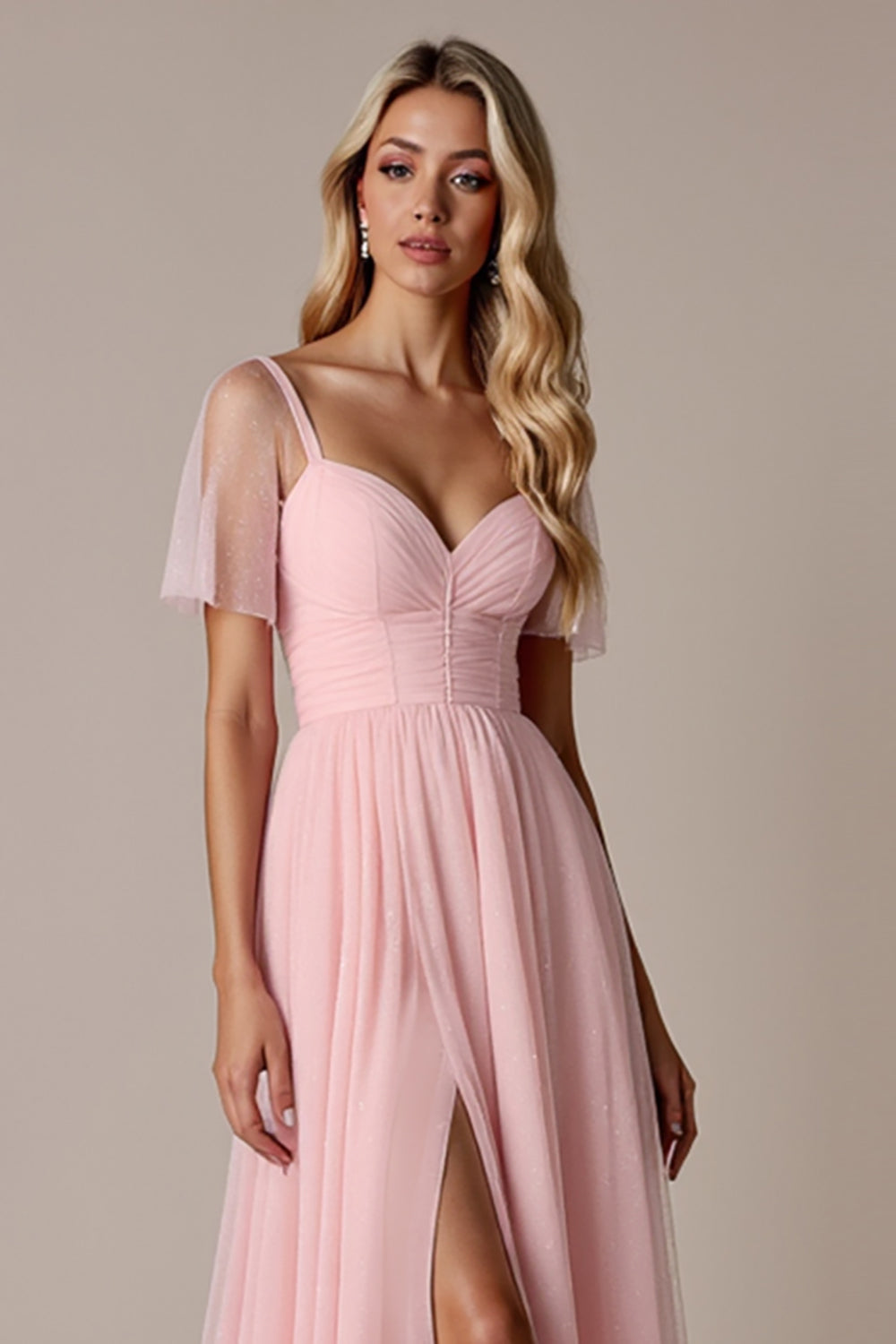 Candy Pink A Line Bridesmaid Dress with Short Sleeves