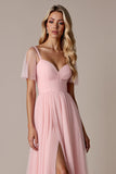 Candy Pink A Line Bridesmaid Dress with Short Sleeves