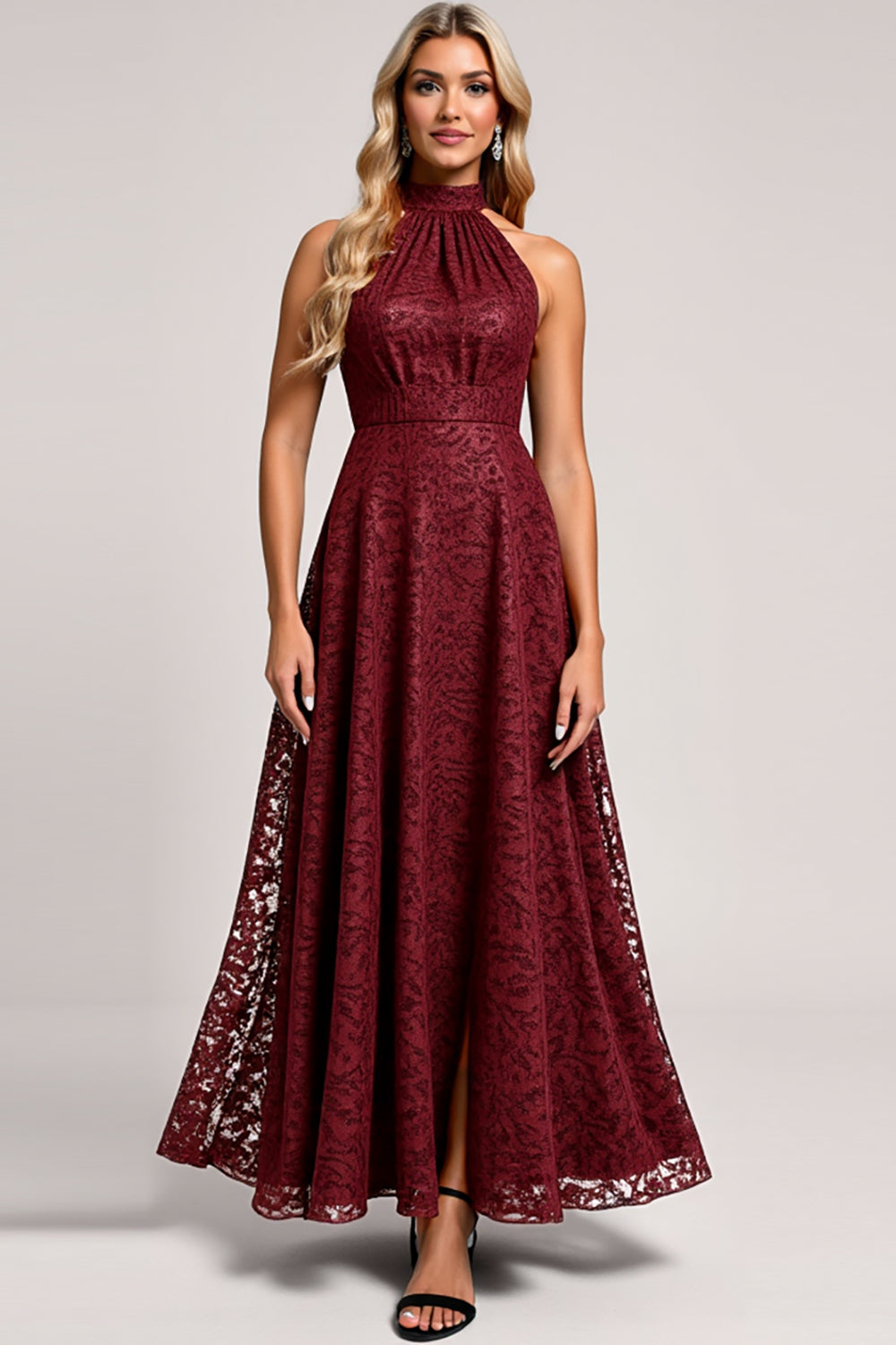 Halter Cabernet A Line Lace Bridesmaid Dress