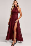 Halter Cabernet A Line Lace Bridesmaid Dress