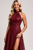 Halter Cabernet A Line Lace Bridesmaid Dress