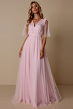 Candy Pink A Line V-Neck Bridesmaid Dress