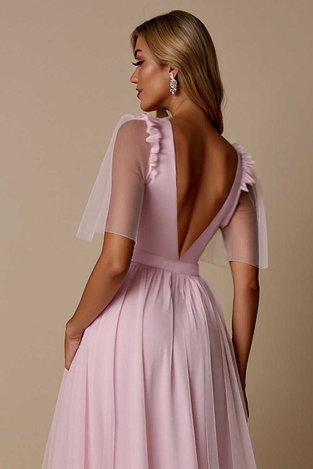 Candy Pink A Line V-Neck Bridesmaid Dress