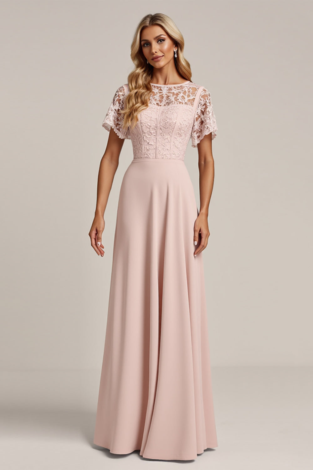 Pink Lace Chiffon A Line Bridesmaid Dress
