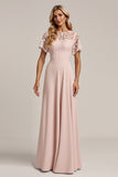 Pink Lace Chiffon A Line Bridesmaid Dress