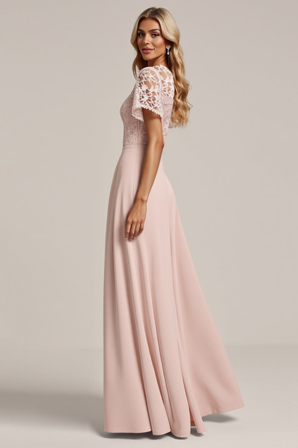 Pink Lace Chiffon A Line Bridesmaid Dress