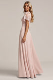 Pink Lace Chiffon A Line Bridesmaid Dress