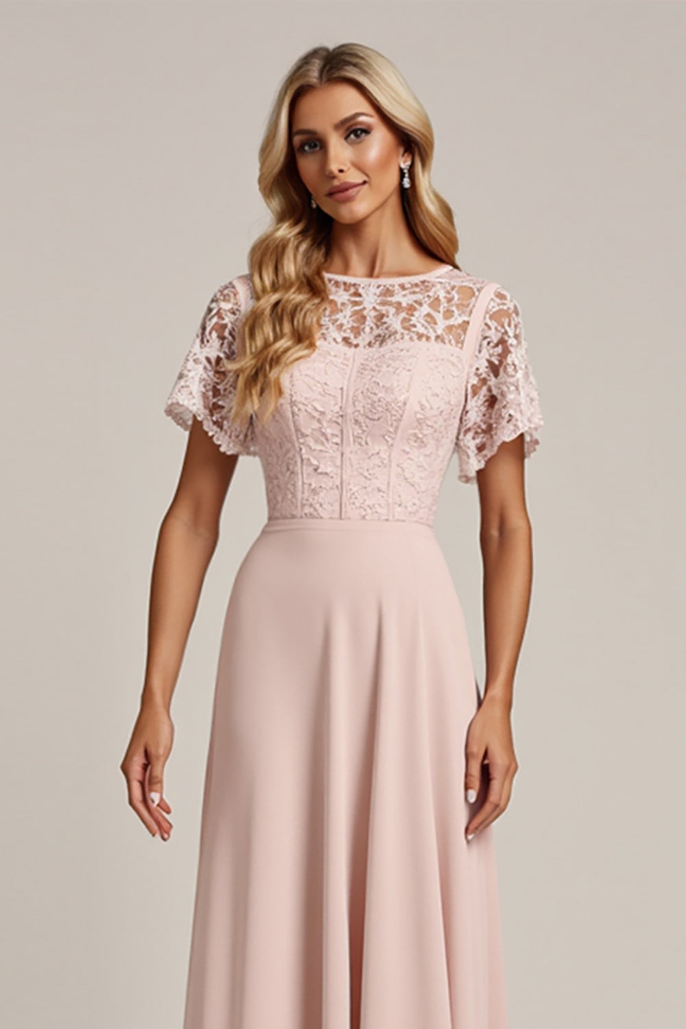 Pink Lace Chiffon A Line Bridesmaid Dress