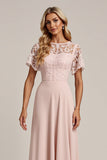 Pink Lace Chiffon A Line Bridesmaid Dress