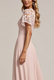 Pink Lace Chiffon A Line Bridesmaid Dress
